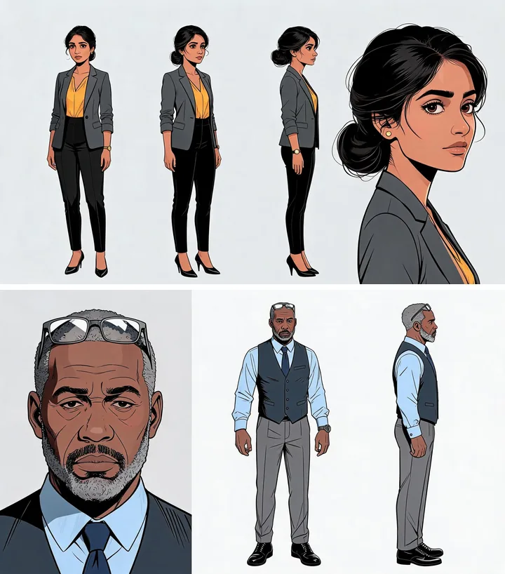 Character sheets for Priya and Mr. Okafor: front, three-quarter and side views plus a close-up of each face