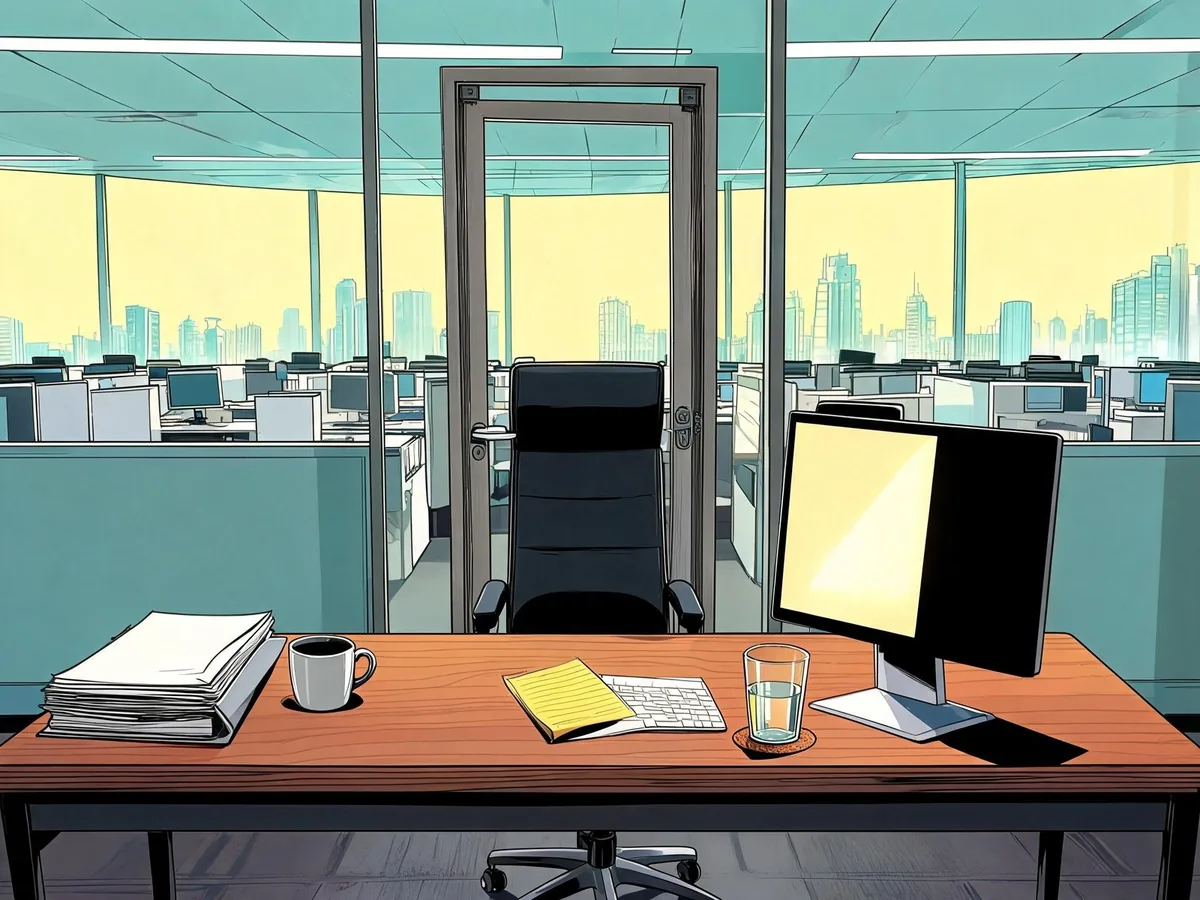 An empty office: desk, folders, mug, glass and monitor, with a city skyline behind glass walls