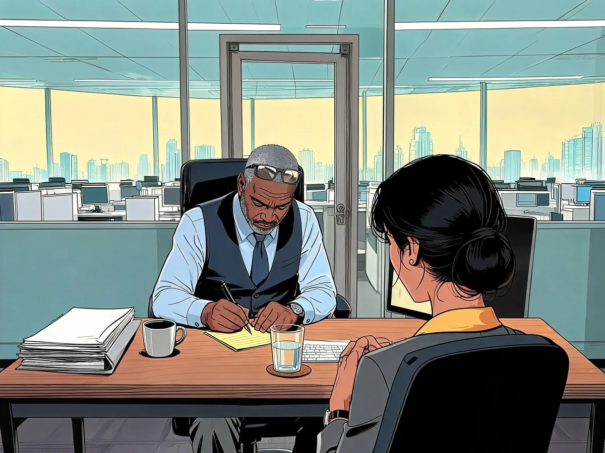 A finished AutoComic panel: Mr. Okafor writes at his desk while Priya sits across from him